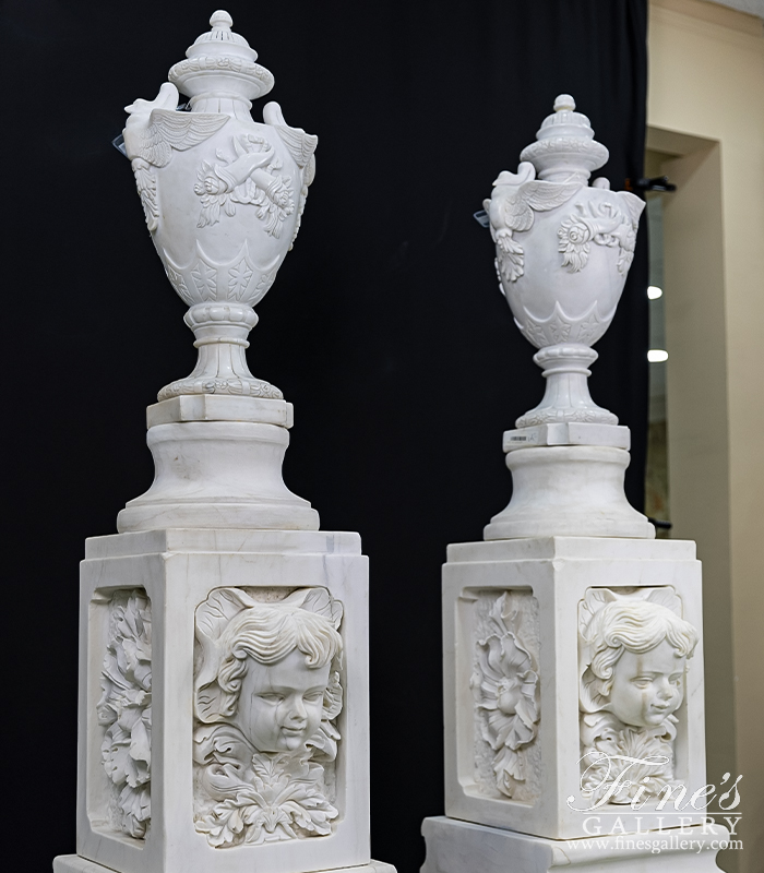 Marble Planters  - Highly Ornate Urn And Pedestal Pair In Statuary Marble - MP-543
